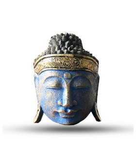 Tête de bouddha bleue : Décoration sereine sculptée à la main en bois durable