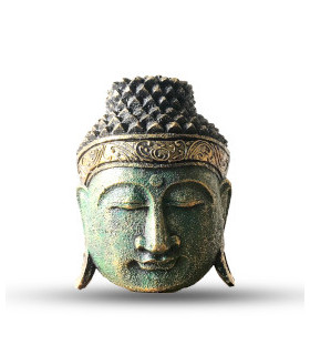 Tête de bouddha verte : Sculpture en bois d'albaye sculptée à la main pour la tranquillité