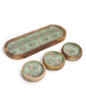 Mango Wood Tray with 3 Bowls - Mediterraian Tile pattern