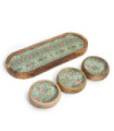 Mango Wood Tray with 3 Bowls - Mediterraian Tile pattern