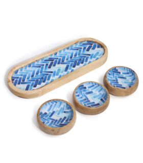 Mango Wood Tray with 3 Bowls - Blue Stripes
