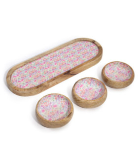 Mango Wood Tray with 3 Bowls - Pretty Floral