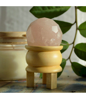 Quartz rose - Sphère de guérison en pierre précieuse à facettes avec support en bois